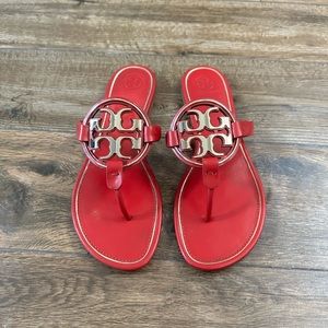 Red Tory Burch Miller Gold Emblem And Gold Trim Sandals 10.5